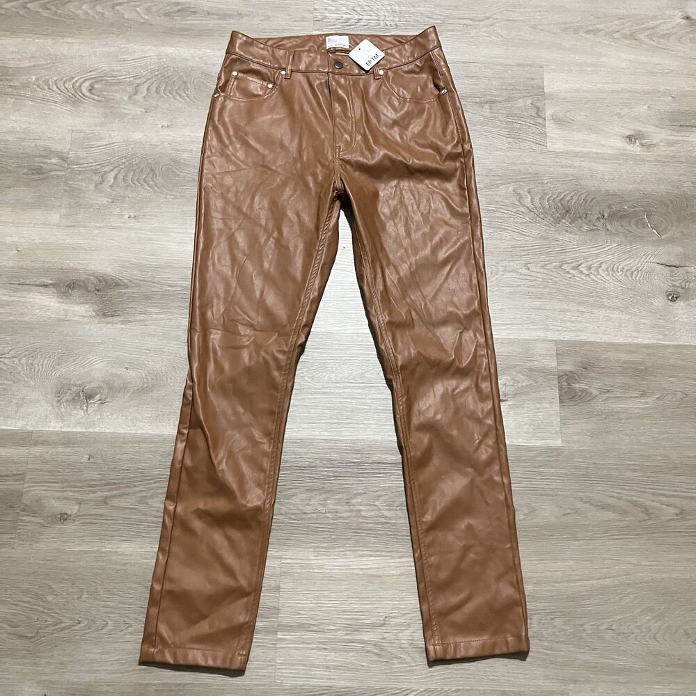 EPTM Pants Mens 32 Brown Faux Leather Panel Casual Stretch Polyester NWT